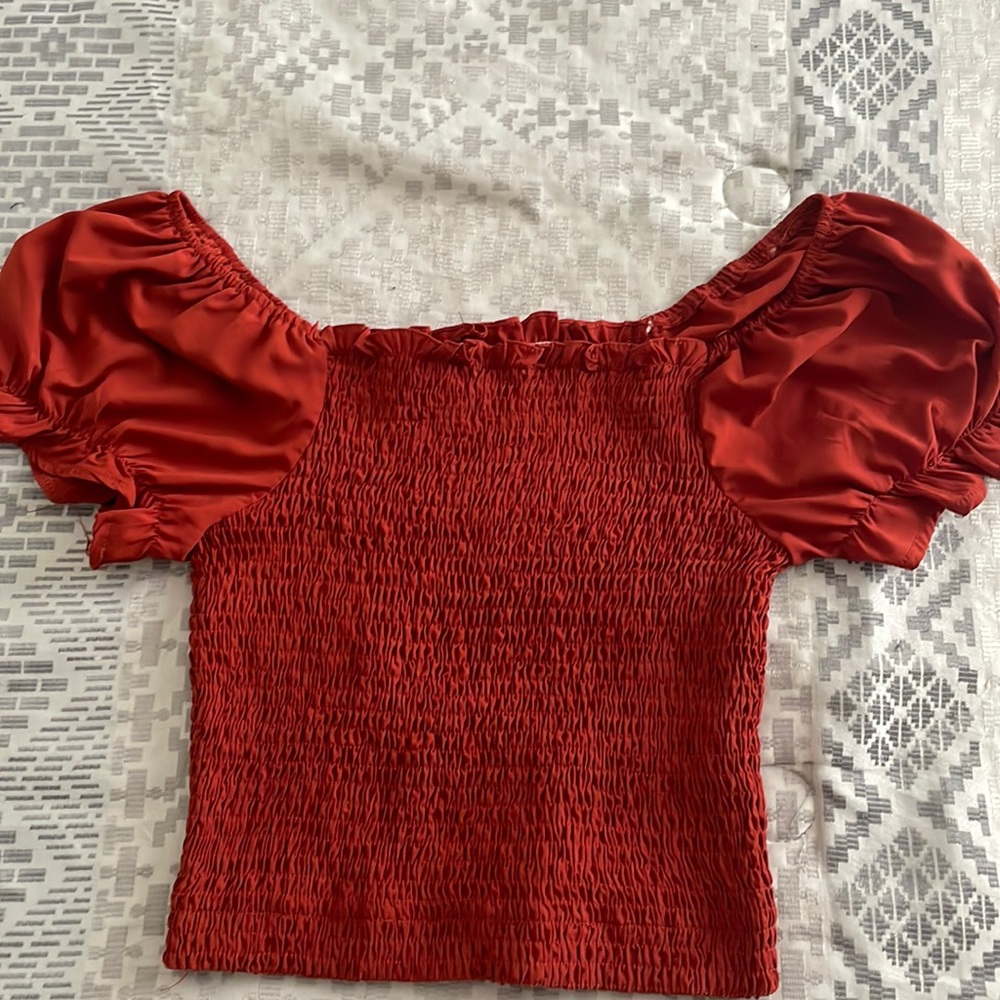 Large short sleeve silk red/orange blouse